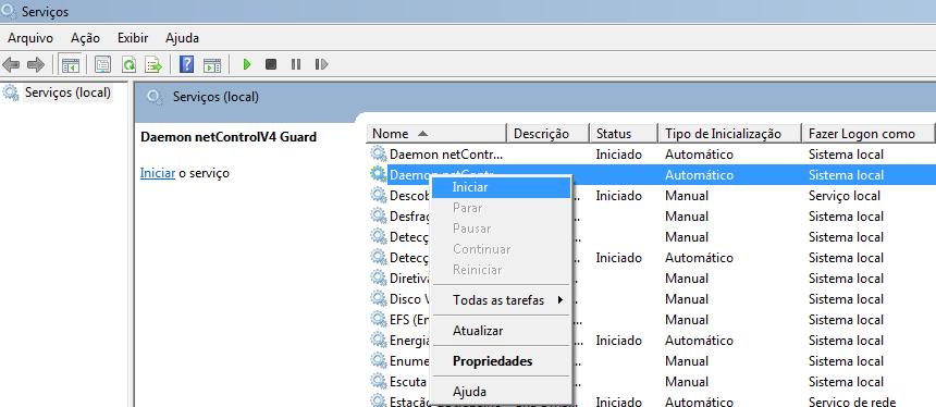 2. Na janela Serviços, Com o botão direito do mouse selecione os serviços (um de cada vez) que deseja iniciar ou reiniciar.