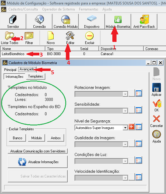 2. Na imagem abaixo, foi preenchido para exemplificar a configuração para uma catraca que usa o BIO-3000: 1> Aplicar 2> OK 3> OK Feita as configurações, Clique como na sequência indicada na figura ao