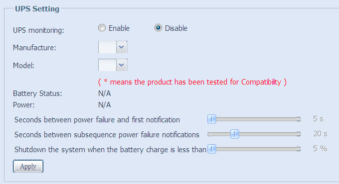 Veja a tabela a seguir para descrições detalhadas de cada item. Configuração UPS Item Descrição UPS Monitoring (Monitoramento UPS) Habilita ou desabilita o monitoramento UPS.