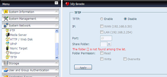 Segue uma descrição de cada item: FTP Item Descrição TFTP Habilita o Serviço TFTP no armazenamento IP Thecus.