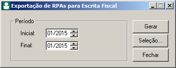 1. No campo Série, informe a séria do RPA. 2. No campo Sub-Série, informe a sub-séria do RPA. 2.1.3.1.2. Exportação para Escrita Fiscal Através dessa opção você exportará os dados do RPA para o módulo Domínio Escrita Fiscal.