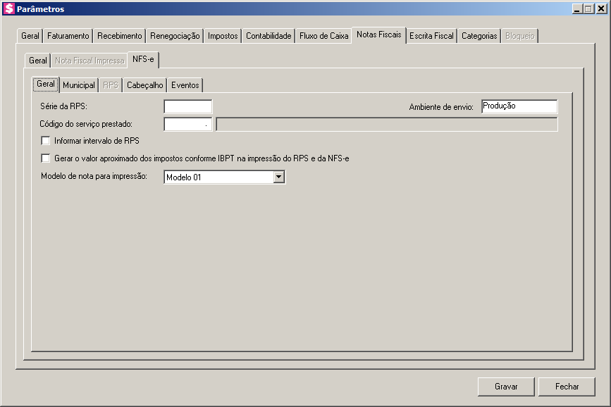 1.1.1.1.1. Guia NFS-e Nos parâmetros da empresa, na guia Notas Fiscais, foi disponibilizada a guia NFS-e, verifique conforme a figura a seguir: a A guia NFS-e somente ficará habilitada quando na guia