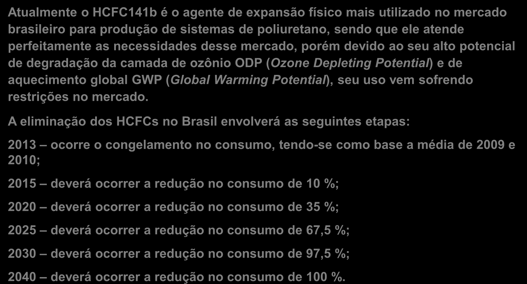 INTRODUÇÃO Atualmente o HCFC141b é o agente de expansão físico mais utilizado no mercado brasileiro para produção de sistemas de poliuretano, sendo que ele atende perfeitamente as necessidades desse