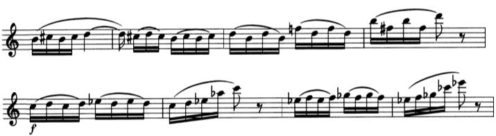 Os trechos do terceiro movimento da Sonata exemplificados abaixo podem apresentar problemas concernentes a sonoridade e digitação. Exemplo 19: Sonata para Flauta e Piano, III Movimento, c. 104-11.