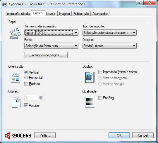 Imprimir Esta secção explica o procedimento de impressão a partir de um software de aplicação. Pode especificar as definições de impressão a partir de cada separador no KX Driver.