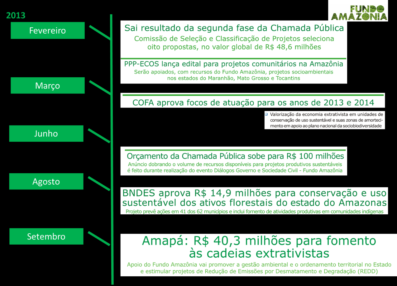 A Figura abaixo resume os principais marcos de 2013, baseado nos Boletins do Fundo Amazônia.