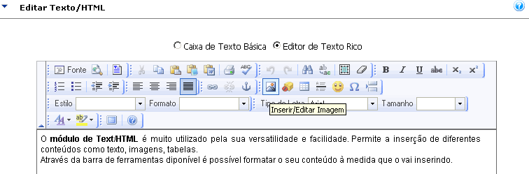 Nos passos seguintes verá como adicionar uma imagem no módulo Text/HTML. Convém ver antes a lição: Gestão de Ficheiros Uploads de Ficheiros módulo text/html 1.