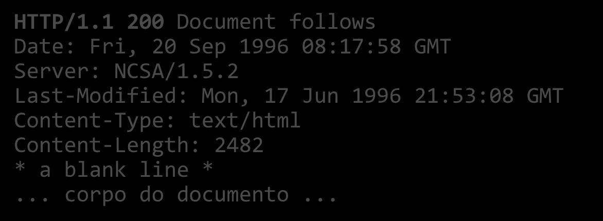 GET Pede um recurso (ficheiro, CGI, etc.) Corpo sempre vazio Pedido GET /index.html /1.1 User-Agent: Mozilla/2.02Gold (WinNT; I...) Host: www.ora.