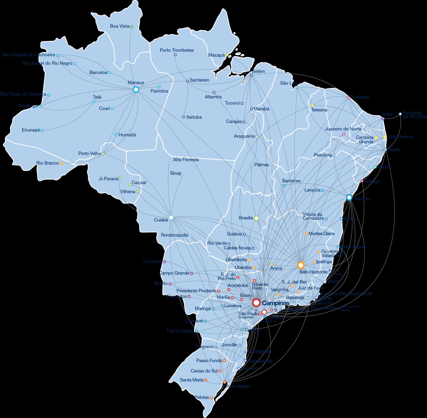 A Maior Malha Aérea do Brasil Mais de 100 destinos 230 rotas 837 voos diários Presença em aeroportos restritos: - Guarulhos - Santos Dumont