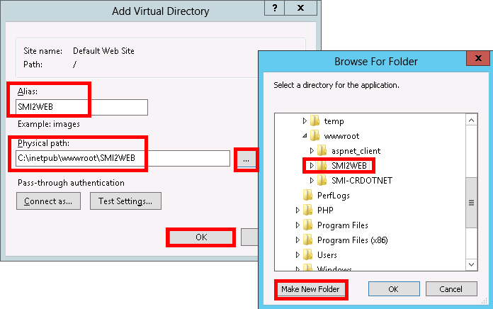 Configuração do MS-IIS 8 para a aplicação A configuração do MS-IIS consiste em criar uma pasta virtual para cada aplicação em questão, observando as seguintes variações: Aplicação Diretório Virtual