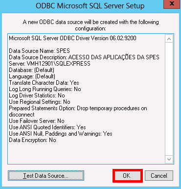 7) Selecione a FONTE DE DADOS criada e clique no botão CONFIGURAR; 8) Clique no botão PRÓXIMO até a tela abaixo e retire a marcação do login do Banco de dados e clique em