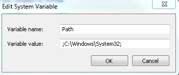 d. Selecione Caminho nas Variáveis do Sistema e Editar próximo da parte inferior da janela e. Adicione ;C:\Windows\System32; como o valor da Variável f.