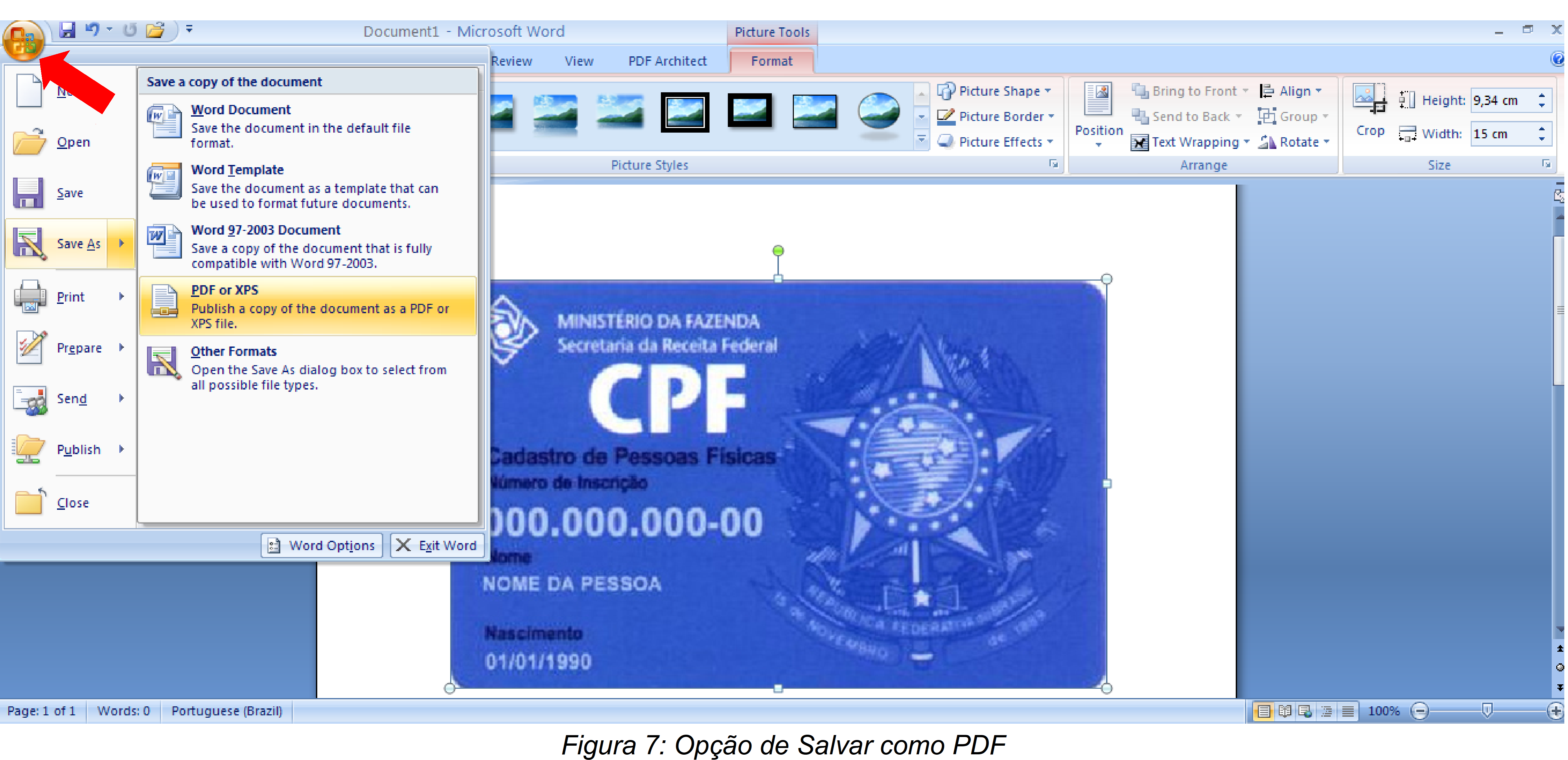 Com o documento digitalizado já inserido, clique no botão indicado na figura 7, clique em Save As (Salvar como) -> PDF or XPS (PDF ou XPS), nomeie o arquivo e selecione a pasta que deseja guardá-lo.