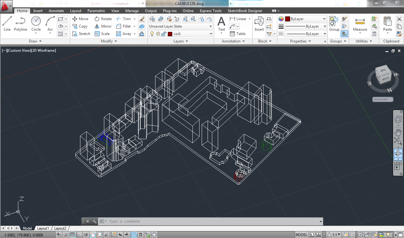 1. modelagem e verificação da escala do modelo A modelagem é feita com o software AutoCAD. O modelo é desenhado com linhas de diferentes cores, as cores desejadas para o modelo.