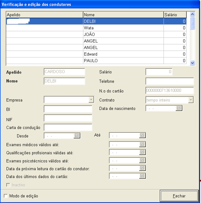 Depois de seleccionar um condutor da lista e escolher a opção Modo de edição, podemos alterar os respectivos dados. As alterações são memorizadas automaticamente.
