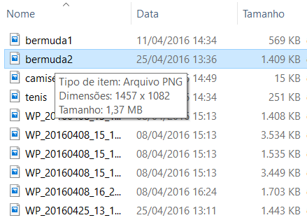 Veja que o tamanho do arquivo camiseta1 é muito pequeno, apenas 15 KB. Não interessa muito o que é KB, o que nos interessa é que os outros arquivos são muito maiores que o da camiseta.