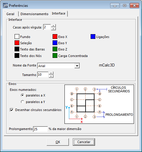 Na aba Interface: Casas após a vírgula, variando de 0 a 4. Clicando sobre a cor pode-se alterá-la para exibição no ambiente do programa.