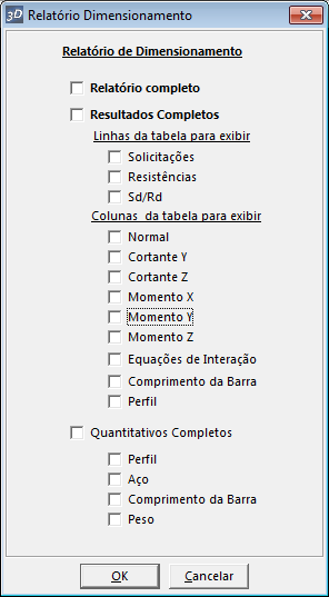 Marcando a opção de relatório completo, todas as opções serão exibidas no relatório de dimensionamento.