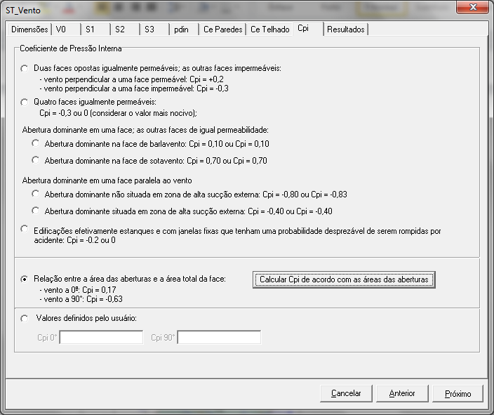 Coeficientes para determinados casos de aberturas periféricas. Calcula os coeficientes a partir das áreas de abertura declaradas na primeira aba do módulo de vento. Valores declarados pelo usuário.