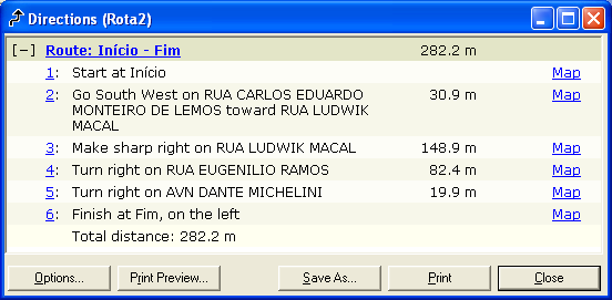 Também foi gerado o itinerário para a segunda rota. Compare as distâncias entre as duas rotas. Agora é por sua conta. Crie outras rotas. Acrescente mais de dois pontos.