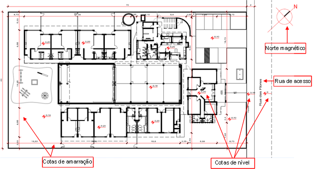 Norte magnético Cotas de amarração Cotas de nível Rua de acesso Figura 41- Planta de locação creche tipo C Figura 42- Planta de locação creche tipo B Apresentar o modelo disponível devidamente