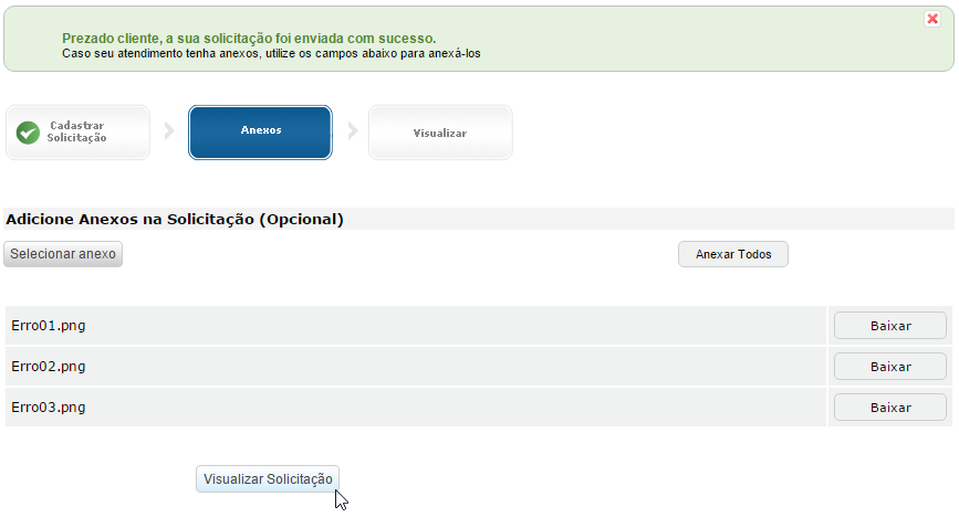 Figura 18 Anexando os arquivos selecionados Após anexar todos os arquivos, a tela ficará da maneira como exibida na figura abaixo. Em seguida, clique em Visualizar Solicitação para ver a SALT aberta.