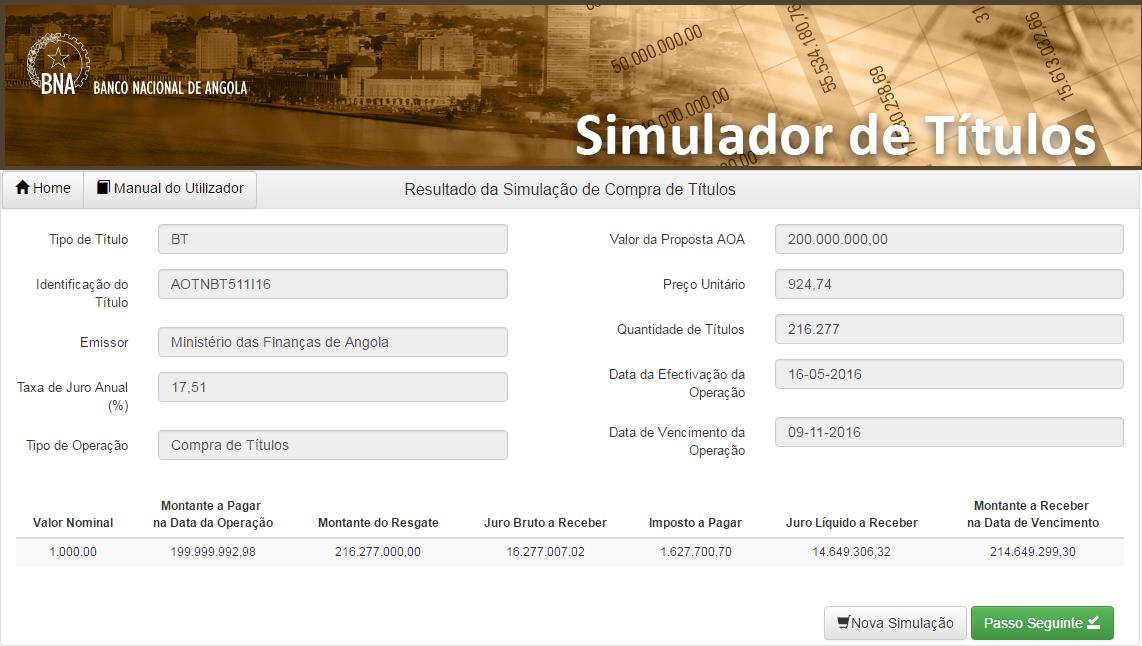 De seguida será apresentado o resultado da simulação em um template de demonstração de resultados: Títulos BT Figura 2 Resultado da simulação BT Poderemos encontrar nos campos que ilustram os