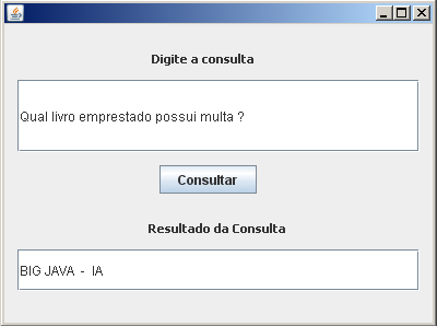 58 Sentença etiquetada: PRIT ARTD SUB PREP SUB PREP SUB PREP SUB NUM PONT Consulta em SQL: SELECT LIVRO.TITULO FROM LIVRO LIVRO, EMPRESTIMO EMPRESTIMO WHERE EMPRESTIMO.MATRICULA = 405218109 AND LIVRO.