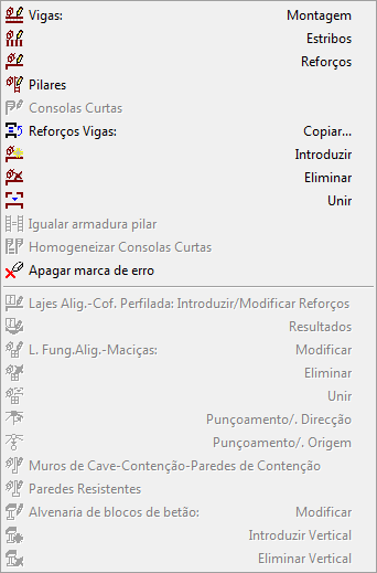 Capítulo 9 Resultados O submenu Resultados>Armadura>Retocar Este submenu permite ao utilizador modificar a armadura proposta pelo programa em vigas, pilares, lajes e muros de cave.