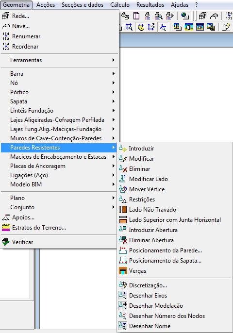 Capítulo 16 Paredes resistentes de Blocos de Betão Através da função Geometria>Paredes Resistentes>Introduzir podem definir-se as dimensões da parede resistente do Bloco de betão.