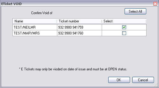 Função VOID A funcionalidade de e-ticket Void pemite ao Agente voidar qualquer bilhete associado ao Booking File Activo. No ecran inicial desta funcionalidade será mostrada uma lista dos bilhetes.