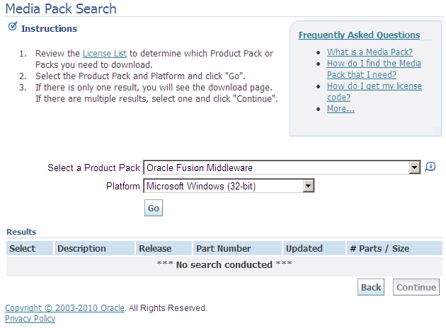 Na próxima tela, Media Pack Search, selecine prduct Pack Oracle Fusin Middleware e a sua platafrma (n nss cas, Windws 32 bits). Clique n btã G para cmeçar a busca.