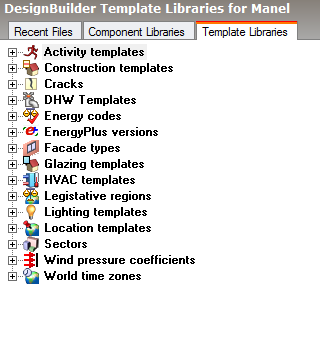 Figura 1 Bibliotecas do DesignBuilder (Componentes e Modelos) Existe uma vasta gama de climas disponíveis para implementar, e deste modo torna-se ainda mais próximo da realidade as simulações usadas.