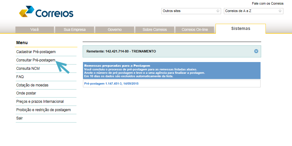 Nessa aba poderá ser consultado os dados do remetente, realizar a consulta e o detalhamento da Pré-postagem.