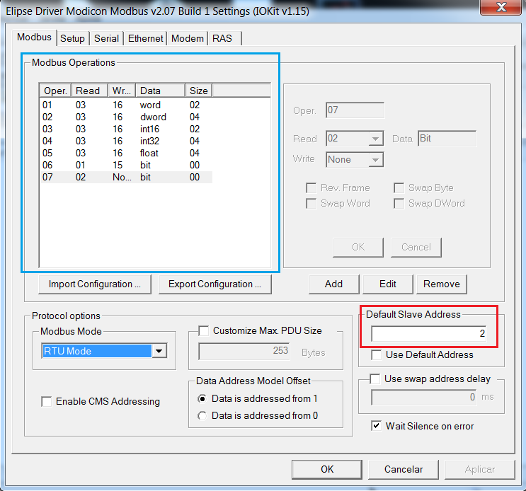 53 Figura 23: Configuração do endereço do escravo no E3 e Operações Modbus Fonte: Próprio Autor, 2013.