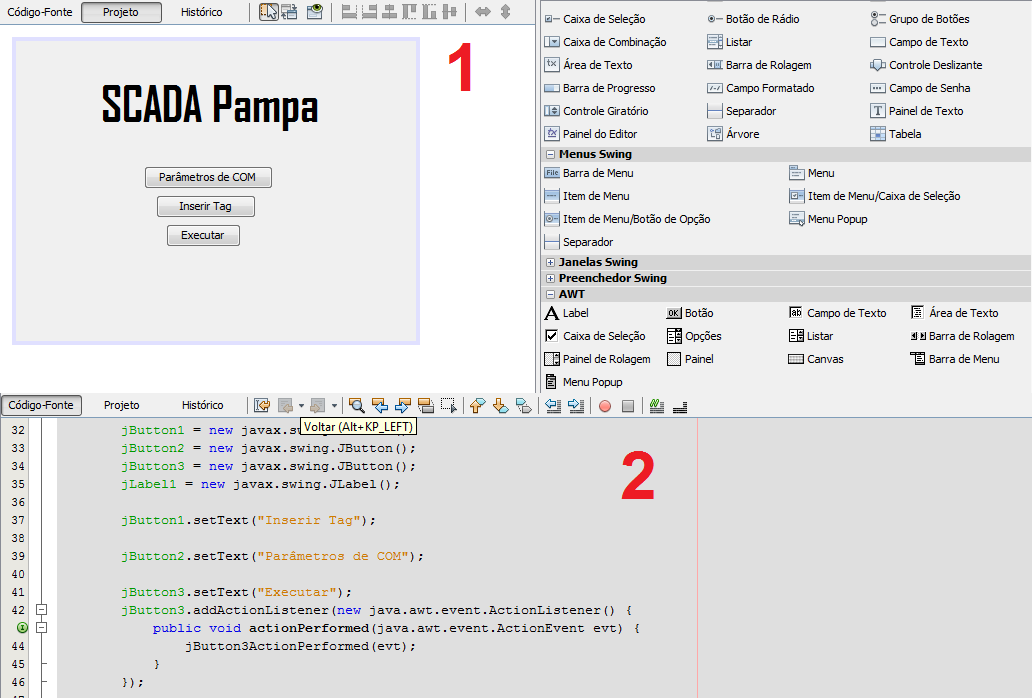 69 A Figura 37 mostra o desenvolvimento da Tela Inicial do SCADA Pampa, indicado por 1 o desenvolvimento do layout e por 2 o código fonte sendo gerado automaticamente. Figura 37. Desenvolvimento da Tela Inicial do SCADA Pampa Fonte: Próprio Autor, 2014.