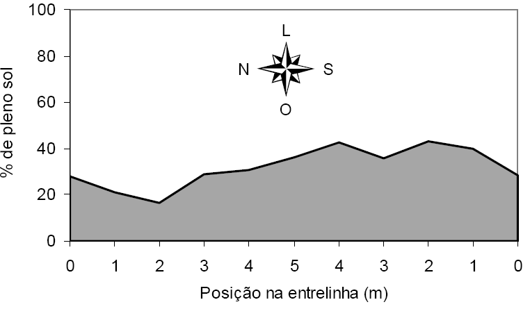 Figura 2: Variação espacial da transmissão de luz no sub-bosque de sistema agrossilvipastoril, no dia 20 de maio de 1999, em horário próximo ao meio-dia, em experimento no noroeste de Minas Gerais.