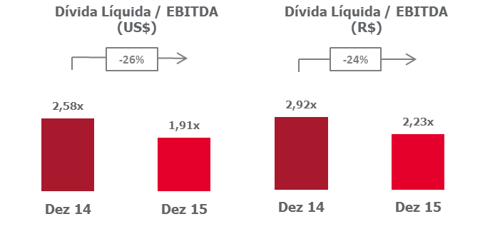 Estrutura de Capital, Liquidez e Rating Em 31 de dezembro de 2015, a Braskem apresentou dívida bruta consolidada de US$ 10,5 bilhões que inclui a dívida do projeto do México no valor de US$ 3,2