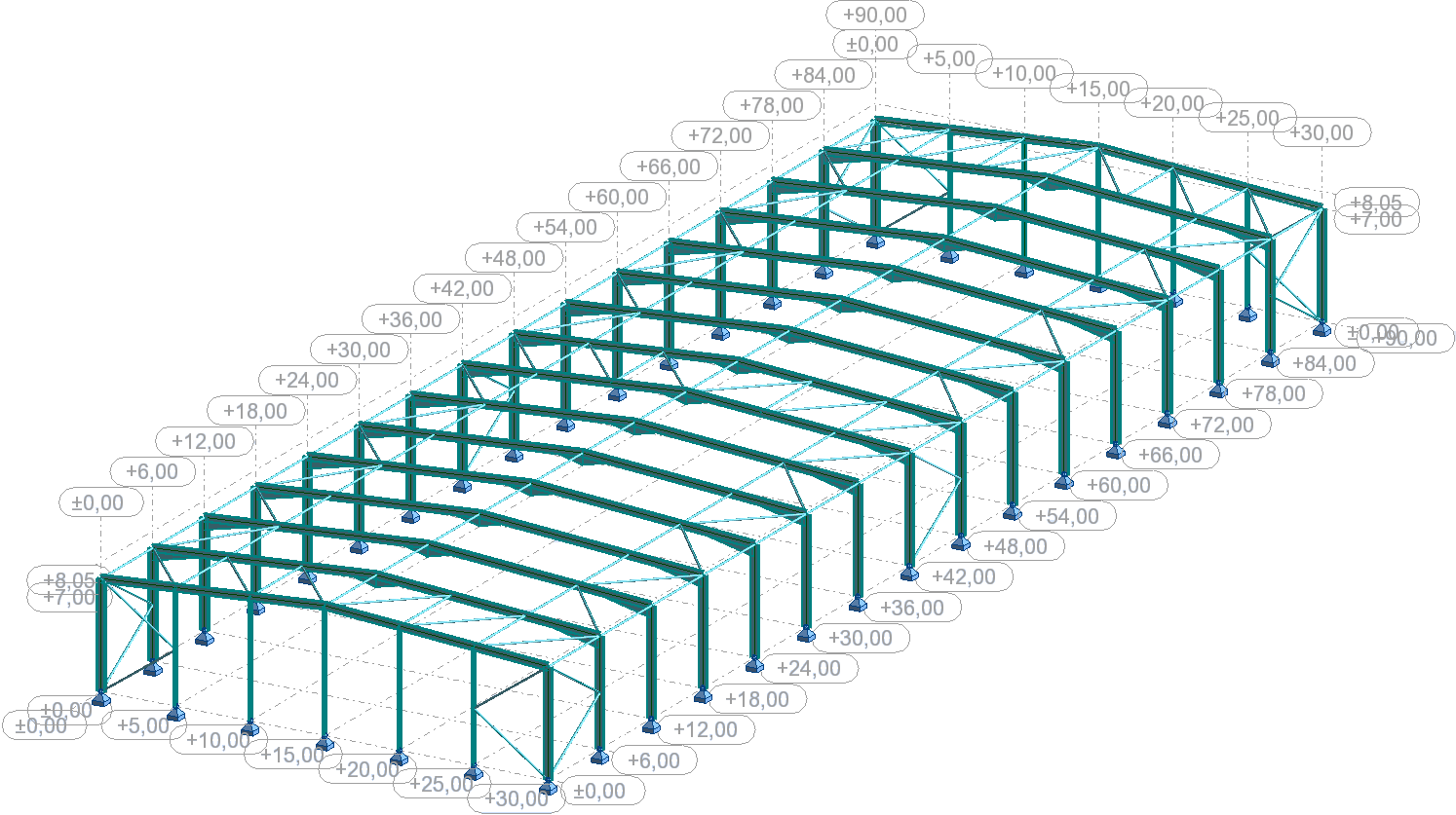 Estudo económico de pavilhões metálicos Portal frames vs Pórticos treliçados 47 Figura 6.6 Exemplo do contraventamento aplicado - vista 3D (caso de estudo PF20-6) Figura 6.