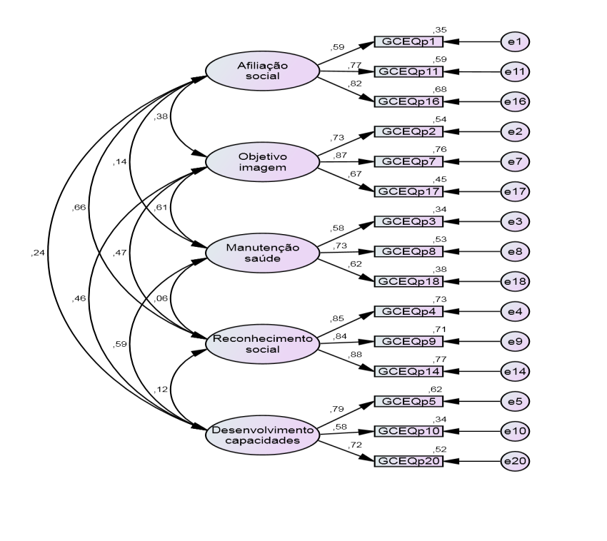 Figura 3 Modelo estandardizado GCEQp com 5 fatores Validade interna No que diz respeito a consistência interna (alpha de Cronbach), verificaram-se os fatores inerentes a que este questionário (GCEQp)