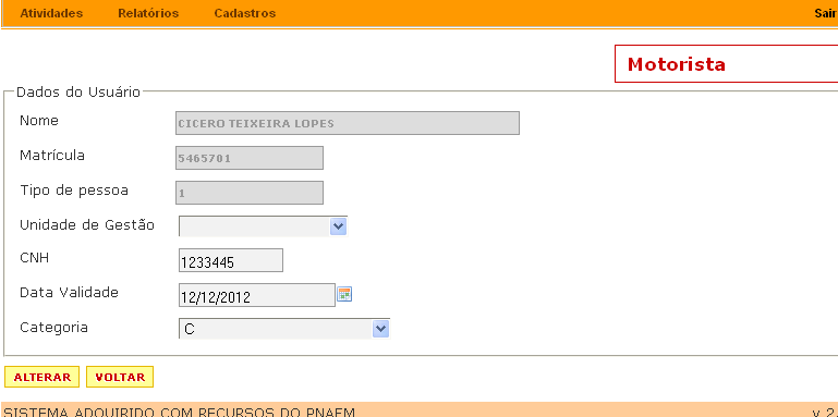 onde o usuário poderá alterar os dados de alocação, CNH, data validade e categoria do motorista, após preencher os dados, basta clicar no botão alterar.