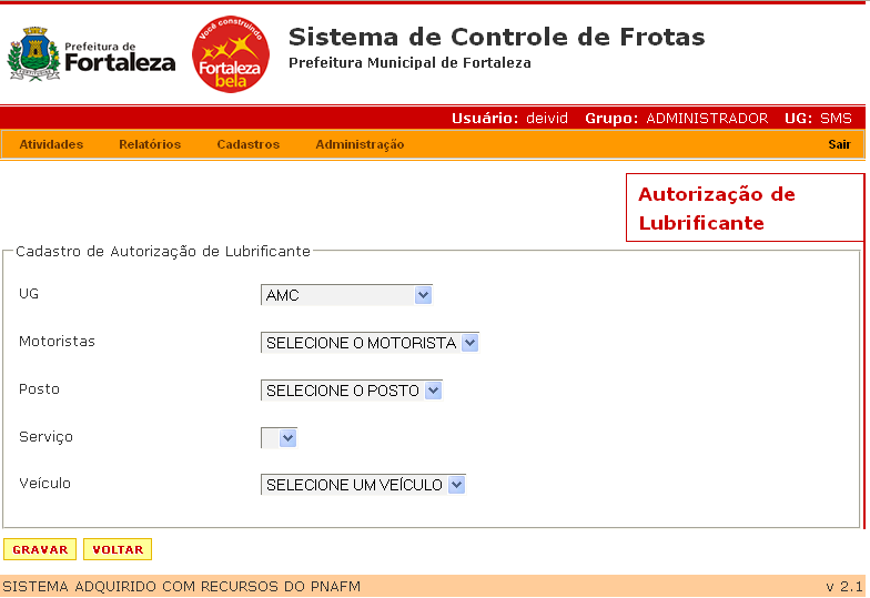 Para cadastrar uma nova solicitação de troca de lubrificantes basta clicar no botão nova, que aparecerá a tela abaixo: A UG virá preenchida com o seu órgão,