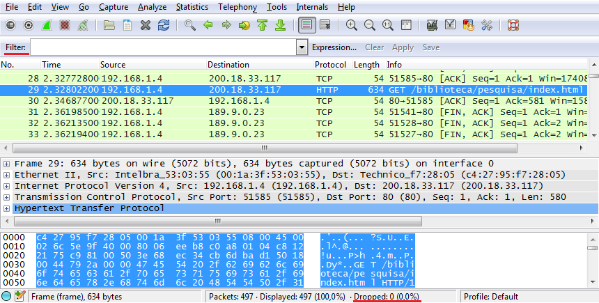 33 Wireshark modifica o funcionamento padrão da interface de rede (alterando-a para o modo promíscuo), permitindo a captura do tráfego de rede, acompanhamento em tempo real (através de sua interface