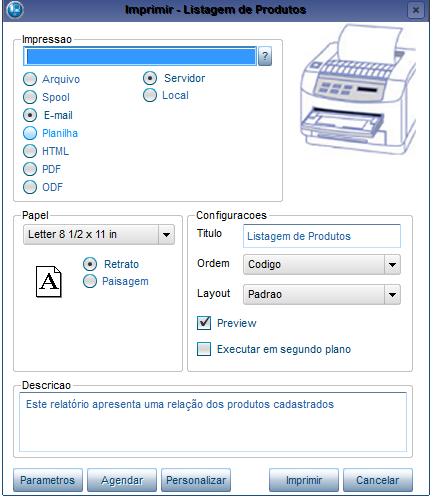 Spool Direciona o relatório para impressão via configuração do Windows das impressoras instaladas. E-mail Envia o relatório por e-mail (Internet).