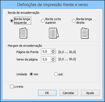 1. Selecione uma das opções de Impressão frente e verso: Manual (União de margem longa) para imprimir o seu trabalho de duas faces, imprimindo primeiro em um lado do papel e depois pedindo que vire o