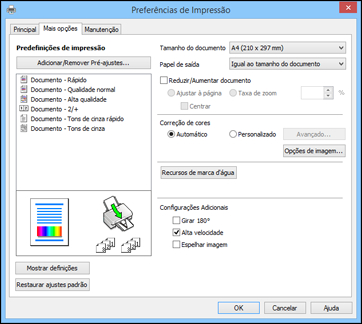 Seleção das opções de leiaute e impressão - Windows Você pode selecionar uma variedade de opções adicionais de leiaute e impressão para seus documentos ou fotos na guia Mais opções. 1.