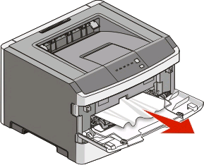 3 Insira a bandeja. 4 Pressione para continuar a impressão. Limpeza de atolamentos no alimentador manual Atolamento de papel no alimentador manual pode ser arrancado para fora.
