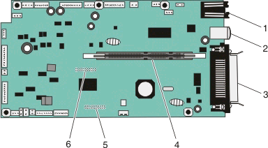 1 Quando você olha para a impressora, a porta da placa do sistema está à direita. Abra a porta da placa do sistema. 2 Use a seguinte ilustração para localizar o conector apropriado.