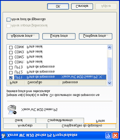 A guia Portas será exibida. Conexão local 4 Marque a caixa apropriada para a conexão. Para uma conexão paralela, marque LPT, LPT ou LPT3, dependendo da configuração da estação de trabalho.