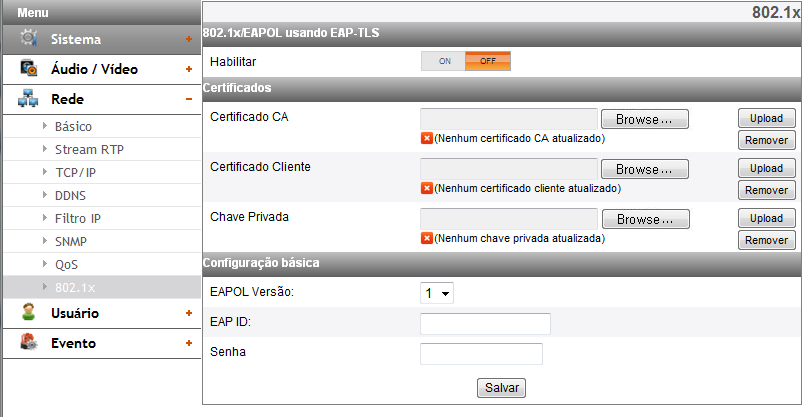 SNMP O SNMP (Protocolo de Administração de Redes Simples ) é um protocolo aplicado na troca de informações da gestão de dispositivos de rede. 802.1x Especifica se o acesso à rede 802.1X está ativado.